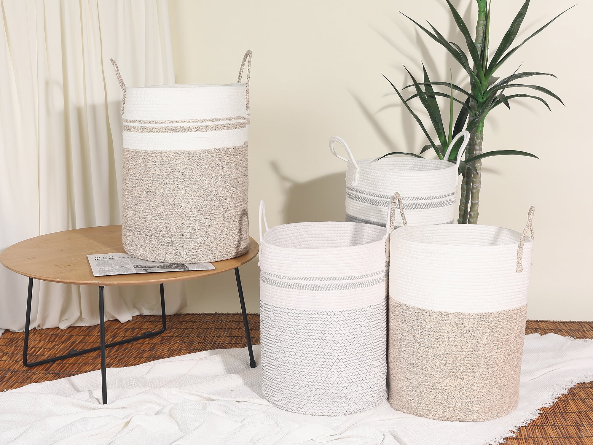 Unique Bargains Woven Storage Bin with Handles Shelf Storage Basket Organizer White Black