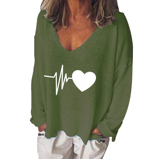 Mode Femme Décontractée Imprimé Col en V T-shirt Manches Longues Ample Blouse Pull