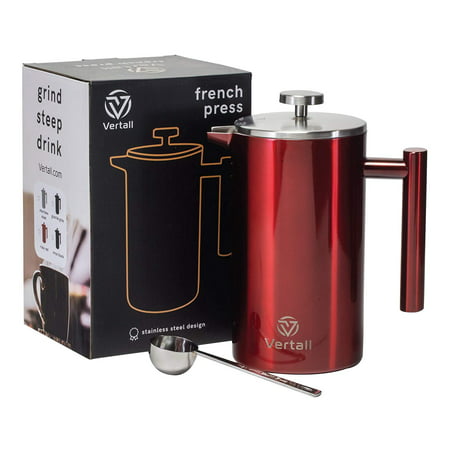 French Press Coffee Maker 34oz - Stainless Steel Double Wall Vacuum Insulated Rust-Free With Bonus Tablespoon Scoop by Vertall - Red