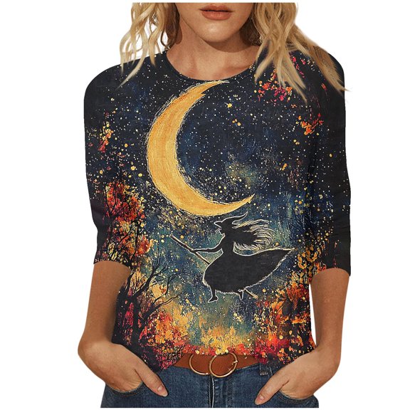 Nfurl 3/4 Sleeve Shirts for Women Plus Size Funny Graphic T Shirts Trendy Casual Party Vacation Holiday Crewneck Going Out Tops Black,L