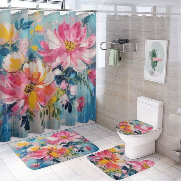 Blue, Pink And Yellow Flower Painting 4 Pcs Shower Curtain Sets with Non-Slip Rugs Toilet Lid Cover And Bath Mat Modern Art Farmhouse Waterproof Personality Pattern Bath Curtain