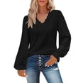 thumbnail image 2 of Endives Womens Long Sleeve Shirts Solid Color V Neck T Shirt Hollow Out Casual Pleated Sleeve Lace Sleeve Top Fall Black, 2 of 5