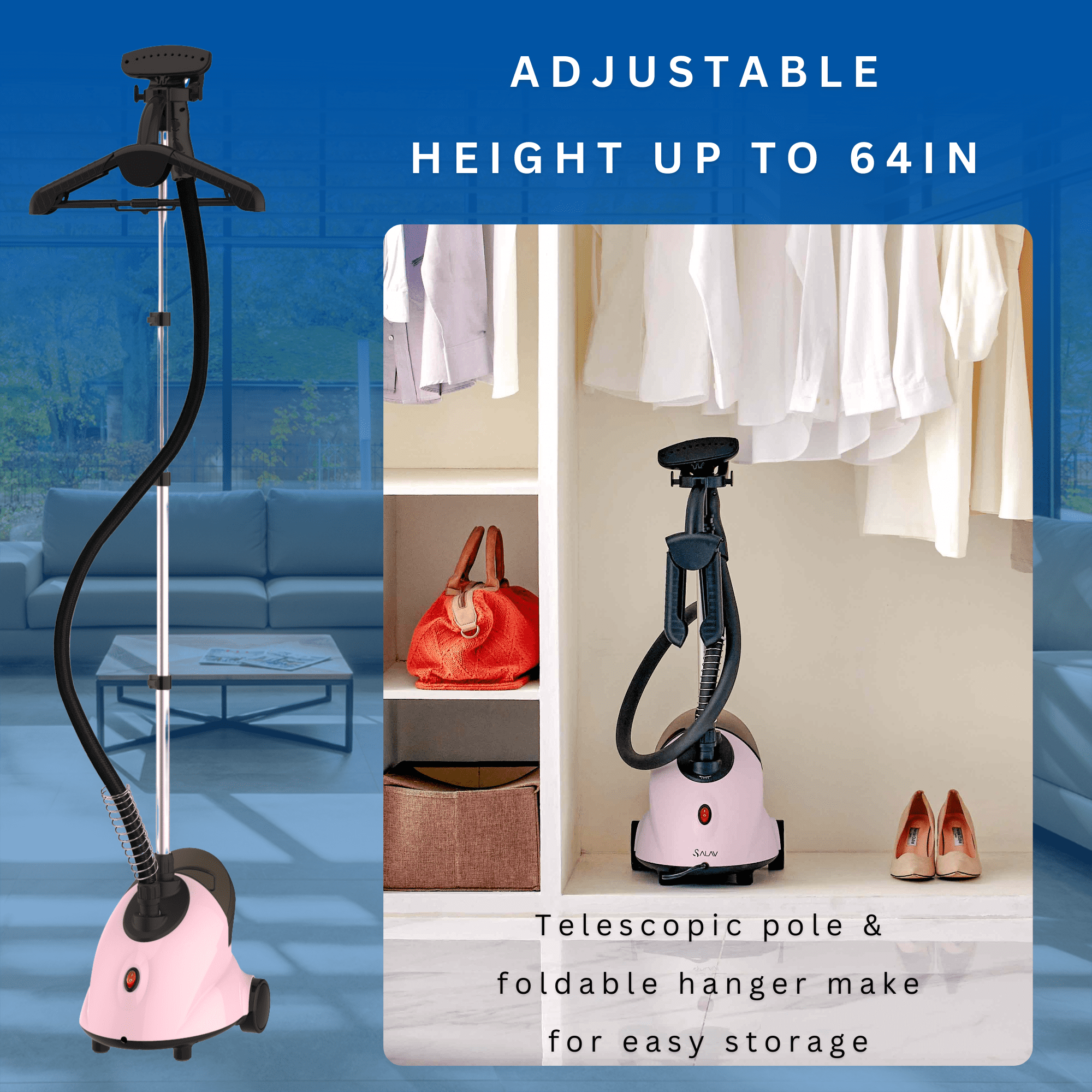 SALAV Continuous Steam Upright Standing Garment Steamer with Extra Large Water Tank Pink