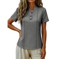 thumbnail image 2 of Henley Shirts for Women Contrast Stitching Short Sleeve Blouse Button Down Stand Collar Tunic Tops Gray M, 2 of 6