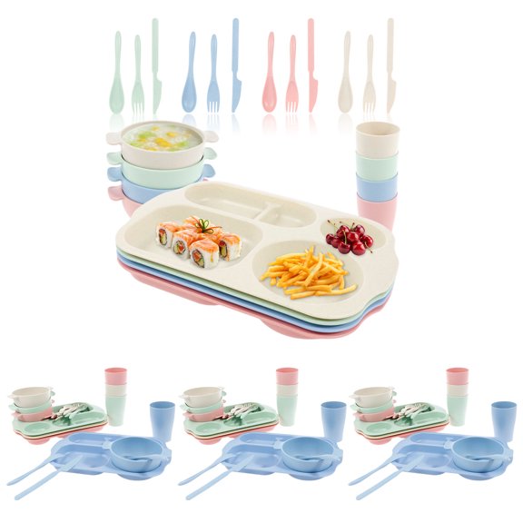 Grusce Kids Plates and Bowls Sets, Stackable Dinnerware Cutlery Set, Lightweight Unbreakable Tableware Set, Multipurpose Toddler Dinnerware Set for Home School Office Picnic