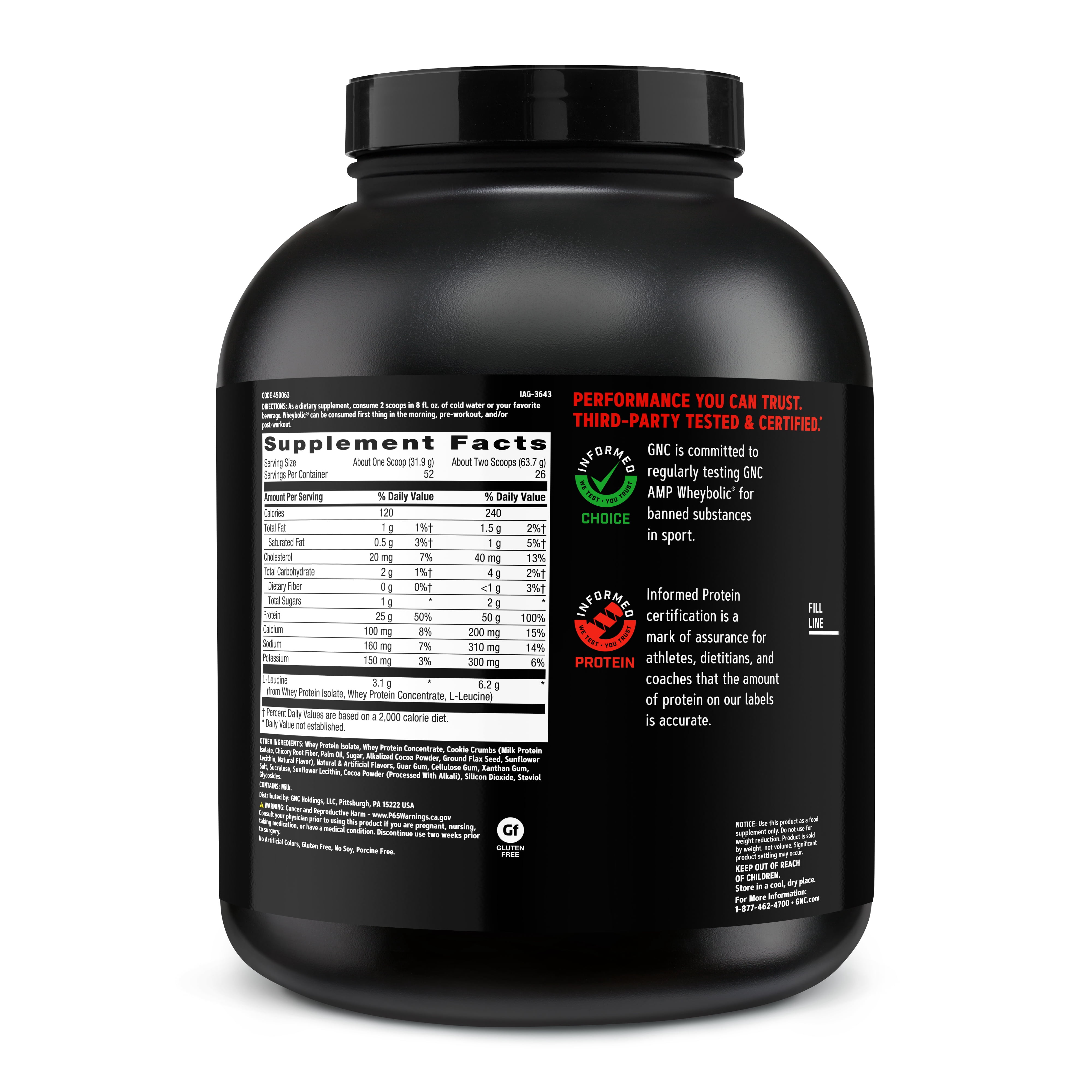 GNC AMP Wheybolic Clinically Proven Protein Powder, 50g Whey Protein, BCAA, Leucine, Increases Muscle Strength, Muscle Building, 3rd Party Tested, Gluten Free, Cookies & Cream 26 Servings
