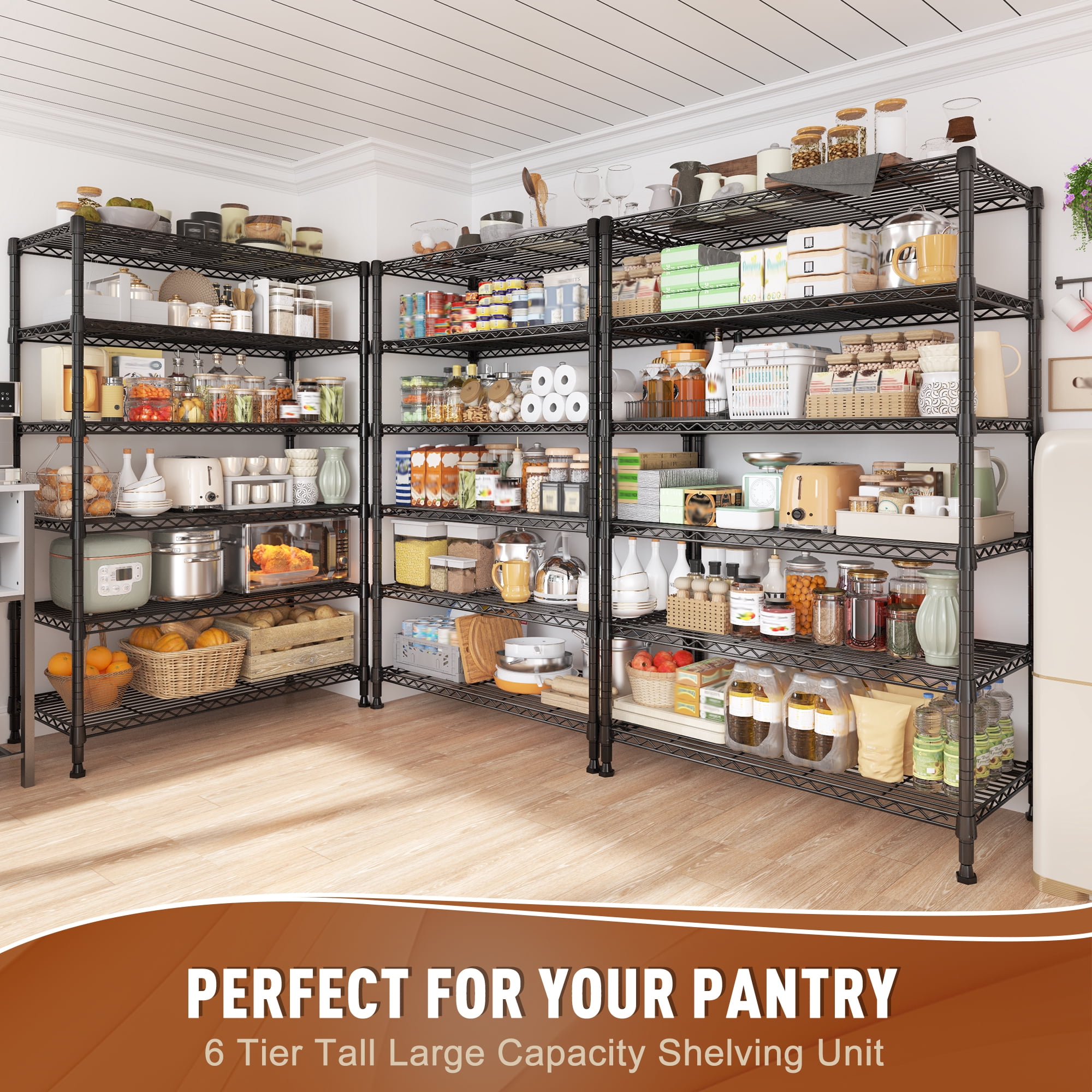 REIBII 6-Tier Wire Shelving Unit,1200 lbs Adjustable Metal Storage Rack for Kitchen Pantry Laundry,14"D x 29"W x 71"H,Space-Saving Shelves for Home Organization,Black