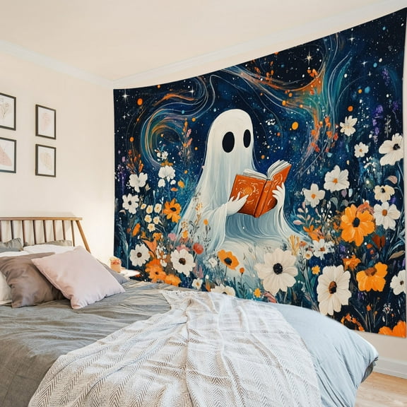 HVEST Halloween Ghost Floral Tapestry Wall Hanging Funny Ghost Reading Book Wall Tapestry for Bedroom Fantasy Galaxy Sky Tapestry for Living Room College Dorm Home Decor,92.5x70.9 inch