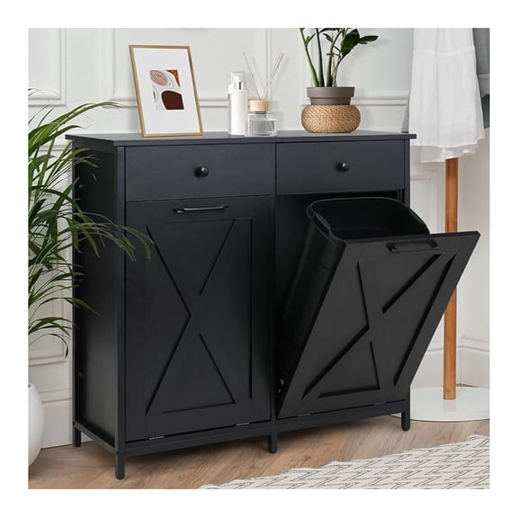 Double Tilt Out Trash Cabinet 10 Gallon*2,Kitchen Garbage Cabinet,Pet-Proof Standing Dual Laundry Sorter,W/Hideaway Drawer,for Kitchen,Living,Dining Room (Black)