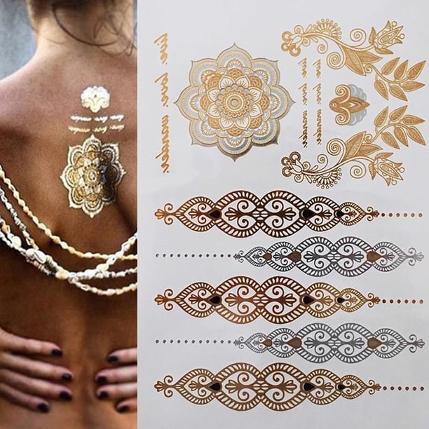 10 hojas de tatuajes temporales metálicos, pegatinas de tatuaje doradas impermeables para hombros, brazos, pecho, espalda y piernas