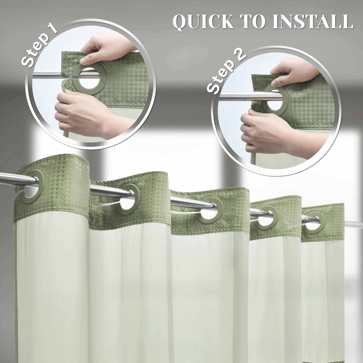 Waffle Weave Hookless Shower Curtain with Snap in Liner, DawnJoanHD Green Polyester Fabric Shower Curtains with See Through Top Window, 71" x 74"