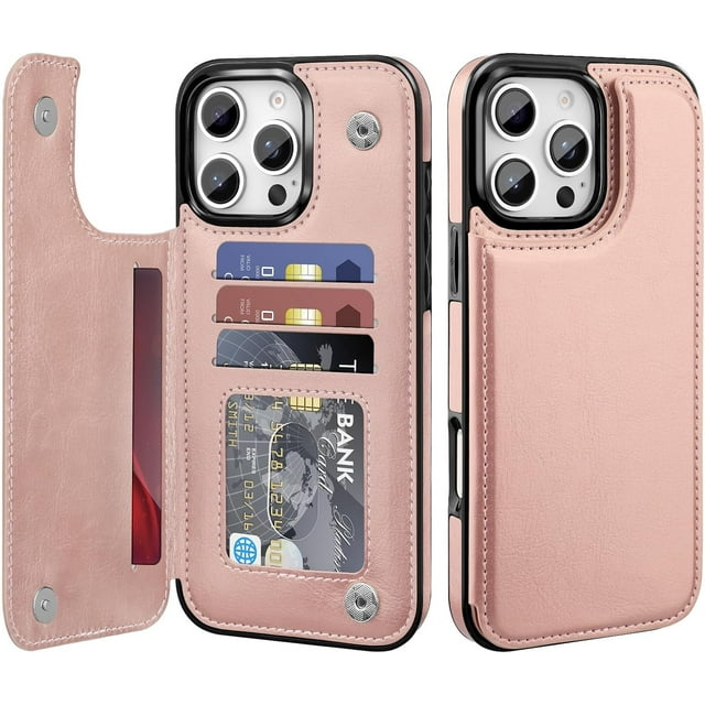 KOMI pour iPhone 16 Pro Max Étui Mural avec Porte-Cartes, Cuir PU Premium Support Fentes pour Cartes Protection Antichoc Robuste Étui à Rabat pour Apple iPhone 16 Pro Max 6.9 Pouces, Or Rose