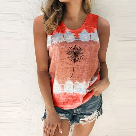 

Cathalem Camisole with Bra Women Womens Casual Fashion Round Neck Tie Dye Tank Dandelion Printing Sleeveless Vest Biking Crop Top Vest Medium