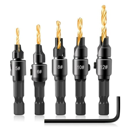 

ODOMY 5 Piece Wood Countersink Drill Bit Set Adjustable Depth 5 Sizes Set #5 #6 #8 #10 #12 Woodworking Quick Change HSS Tapered Drill Bits with 1/4 Hex Shank and 1 Hex Wrench (1/8 Allen Key) (Bla