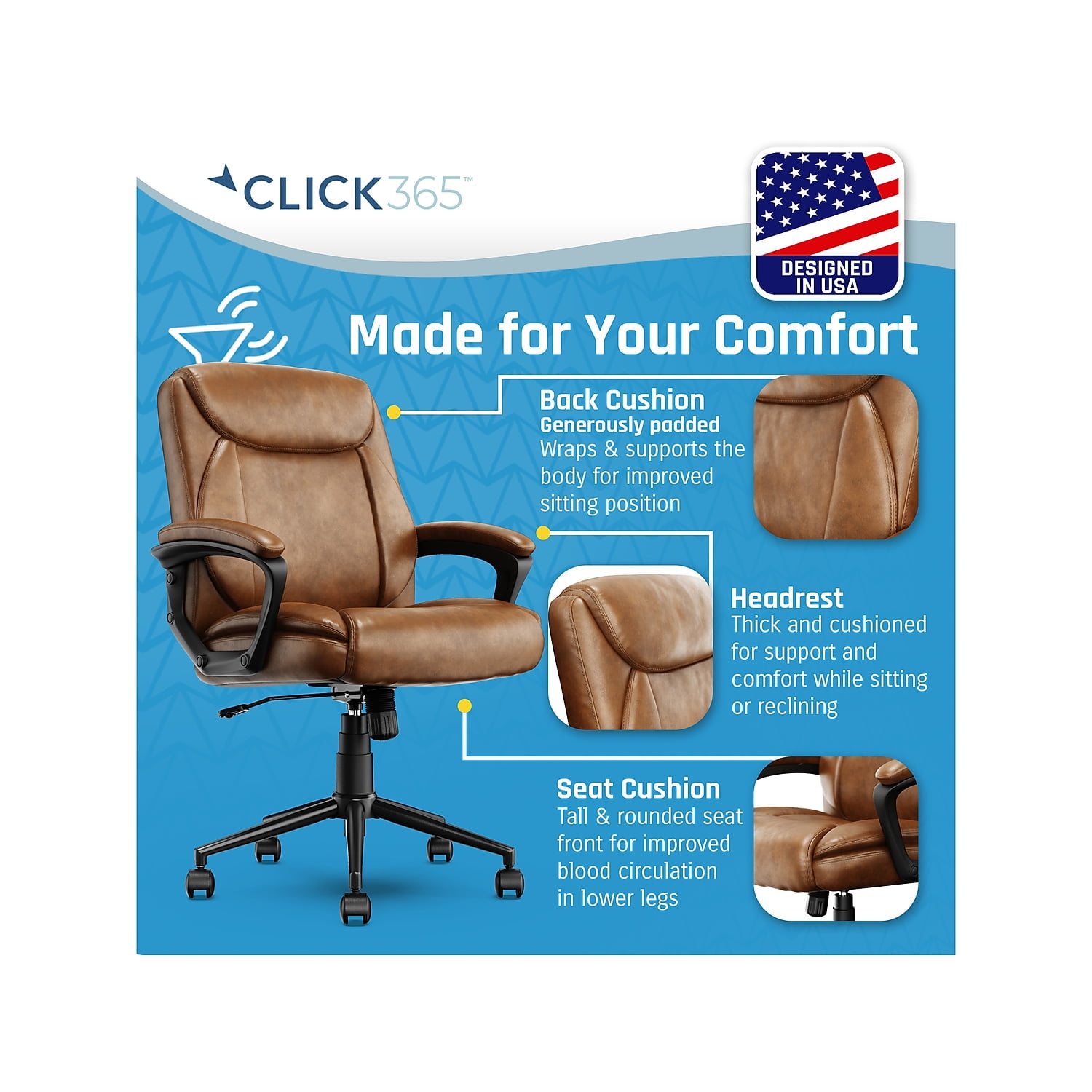 Click365 Transform 1.0 Ergonomic Mid Back Desk Chair Bonded Leather Cognac