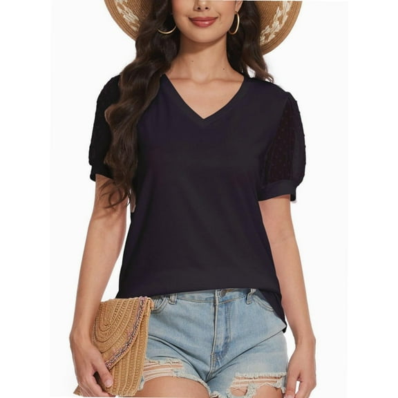 Womens Casual Cropped T Shirts V Neck Swiss Dot Puff Sleeve Crop Tops Summer Loose Basic Tees Tshirts