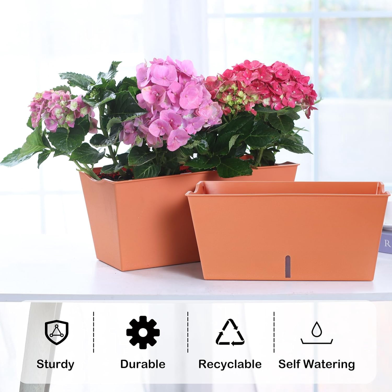 Window Box Planter 6 Pcs, 16.5 Inches Self Watering Rectangle Flower Plant Pots with Drainage Holes Trays, Vegetable Planters for Windowsill Patio Garden Balcony Porch Yard (Khaki)