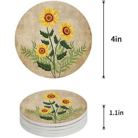 

ZHANZZK Sunflowers Retro Style Set of 6 Round Coaster for Drinks Absorbent Ceramic Stone Coasters Cup Mat with Cork Base for Home Kitchen Room Coffee Table Bar Decor