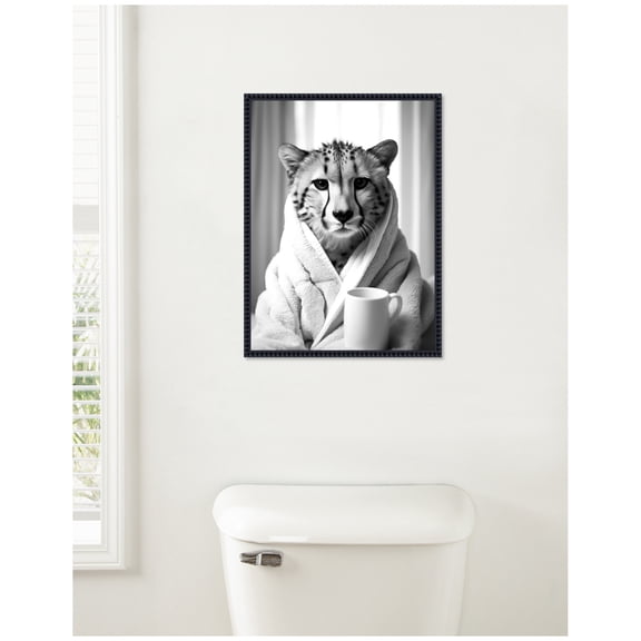 Kate and Laurel Cheetah Bathroom Art Towel Robe Black and White Framed Canvas Wall Art by The Creative Bunch Studio 18 x 24 Sylvie Beaded Black, Black & White, Animals, Bathroom, Humor Art for Wall