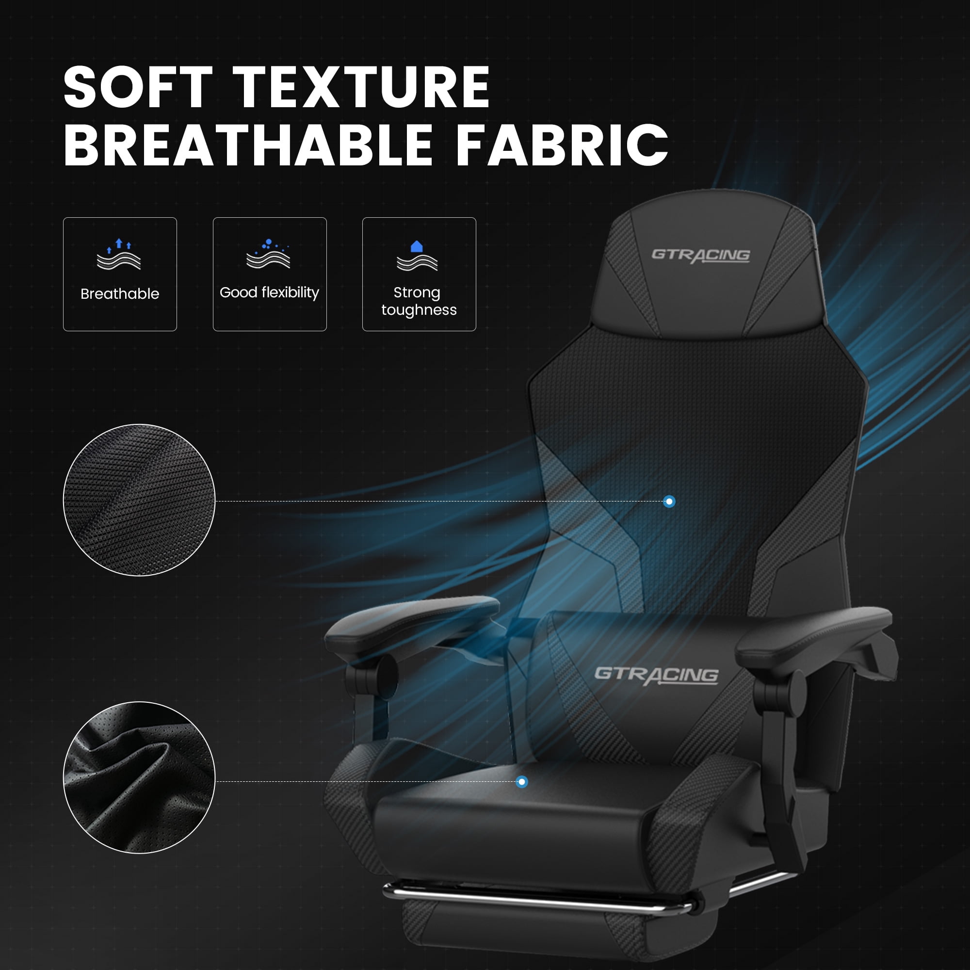 GTRACING LUFT-400 Mesh & Faux Leather Ergonomic Gaming and Office Chair with Adjustable Reclining, Lumbar Support, and Footrest, Black