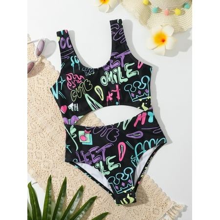 

Girls Allover Letter Graphic Cut Out Waist One Piece Swimsuit Swimwear Beachwear S221905X Black 8Y(50IN)