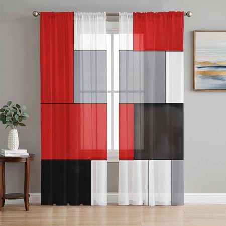 Red Black Grey Semi Sheer Curtains 72 Inch Length 2 Panels Set Modern Irregular Geometric Abstract Sheer Kitchen Curtain Privacy Voile Window Curtain for Living Room Bedroom Rod Pocket Drapes