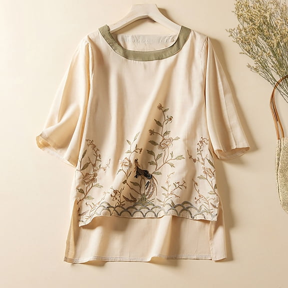 Wycnly Womens Tops Dressy Casual Loose Fit Irregular Side Slit Cotton Linen Fashion Pullover Shirts Summer Short Sleeve Round Neck Tops Leaves Print Blouse Beige l