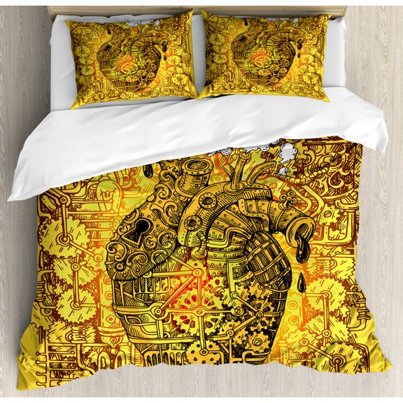 Steampunk King Size Duvet Cover Set, Mechanical Factory Heart Image with Running Machinery Print, Decorative 3 Piece Bedding Set with 2 Pillow Shams, Yellow Orange and Dark Brown, by Ambesonne