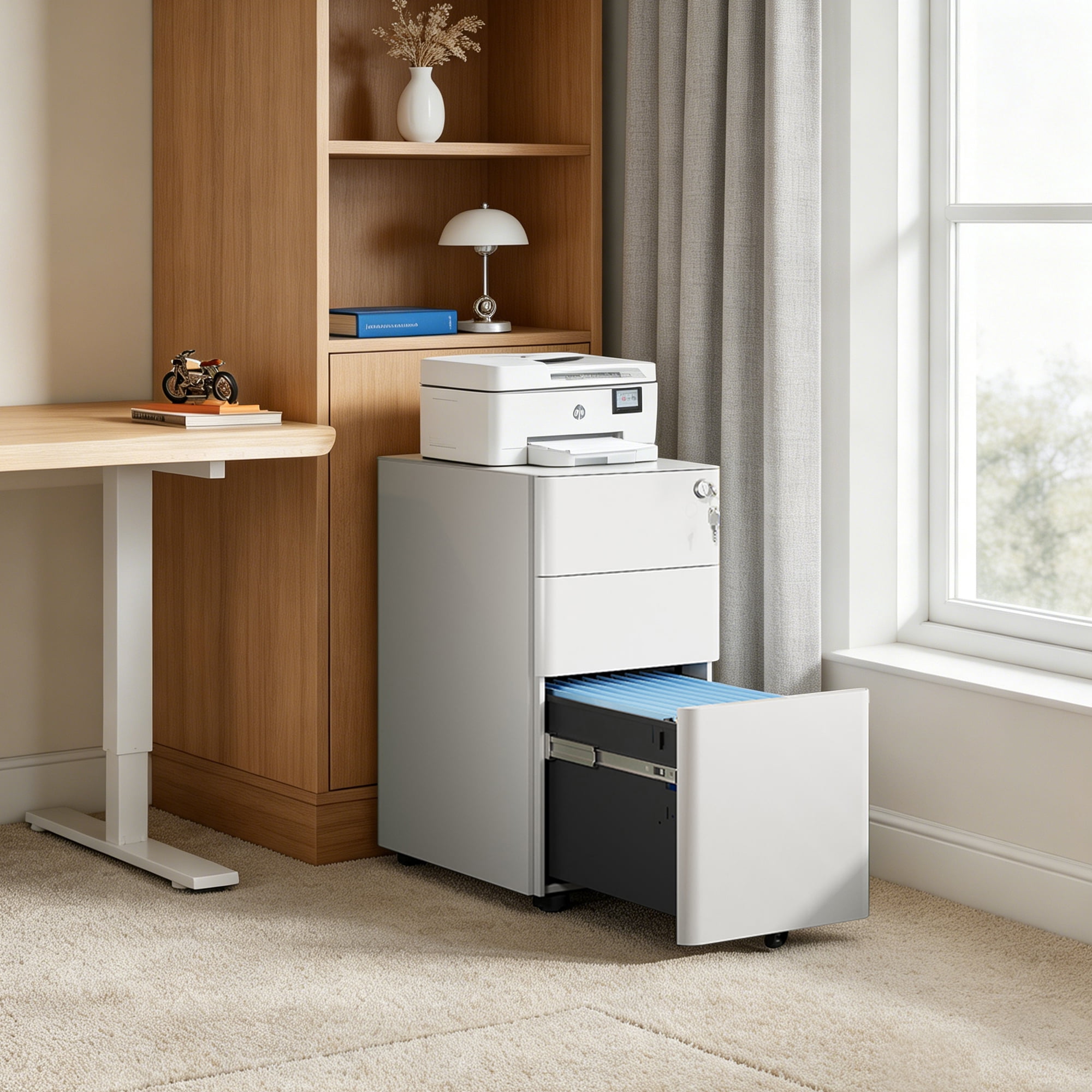 GALAXHERO 3 Drawer Metal File Cabinet with Lock, Vertical Rolling Filing Cabinet for Home Office, Fits A4/Letter/Legal, White