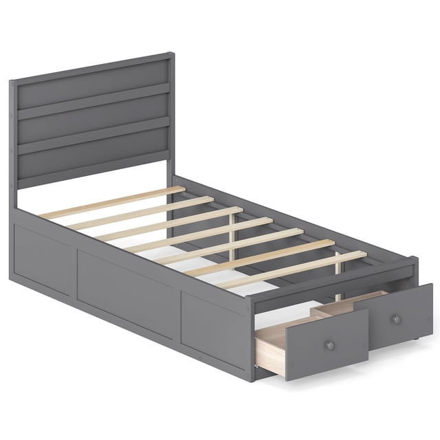 Gymax Cadre de Lit Format Simple avec Tiroirs de Rangement Tête de Lit Lattes en Bois et Base Fermée Gris