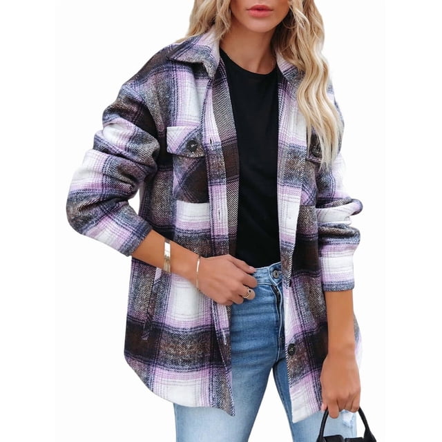 Women'S Flannel Plaid Shacket Fall Outfits Long Sleeve Button Down Shirts Jacket Coats with Side Pockets M