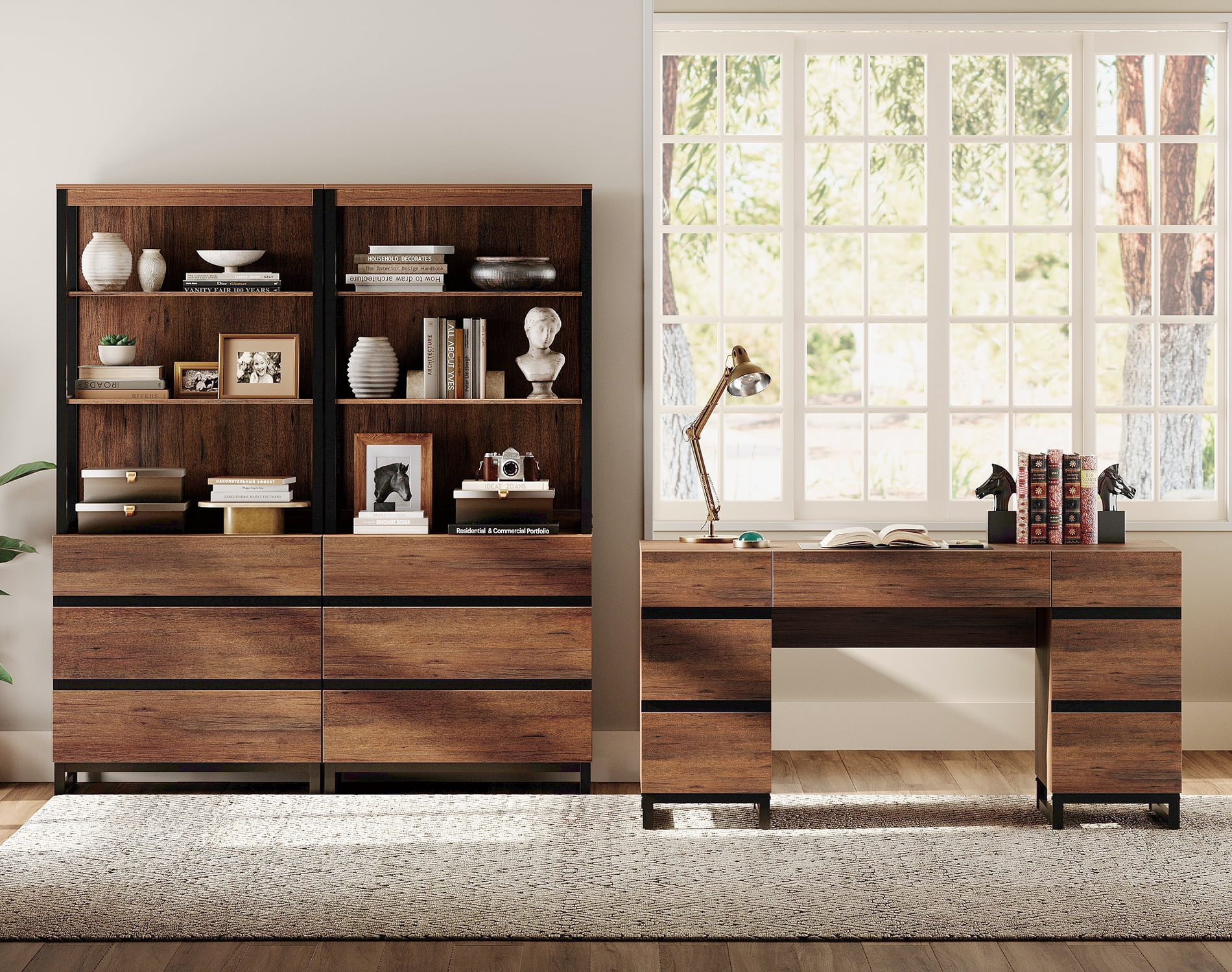 WAMPAT Home Office Furniture Set: 59in Modern Executive Desk with Charging Station and Drawers and 2 PCS 72in Tall Bookcases with 6 Drawers, Home Office Furniture for Living Room, Bedroom, Brown