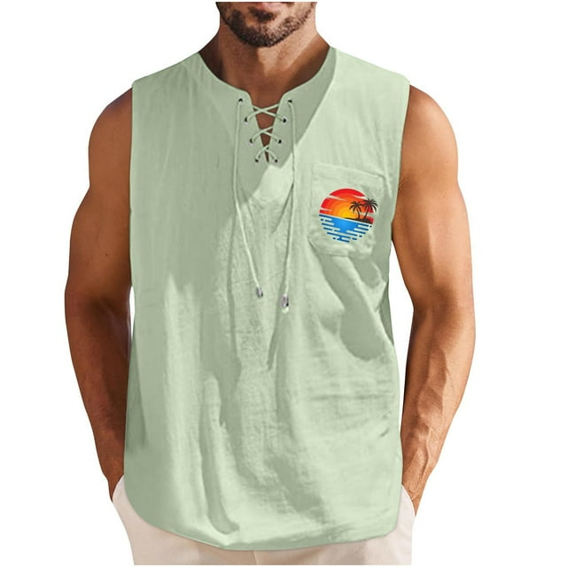 Camisetas de Verano para Hombre, Corbata Casual de Color Sólido sin Mangas Cuello Redondo Camiseta de Camiseta Hecha de 60% Algodón 40% Lino, Bajo Camisetas para Hombres