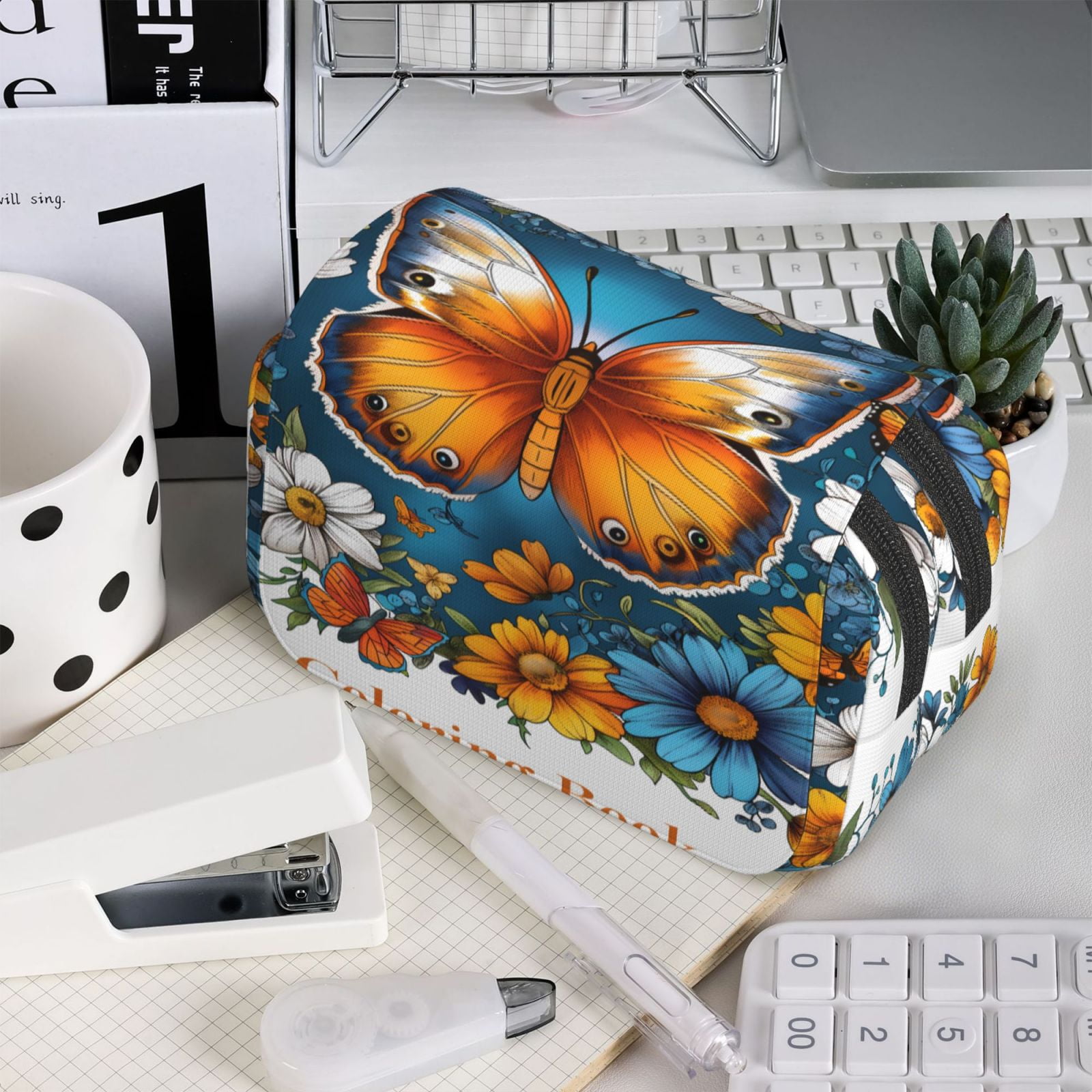 Rateoe Spring Butterfly Flowers Pattern Double Clamshell Pen Case, Storage Organizer with Two Zipper Compartments– Holds Up to 50 Pencils & Pens