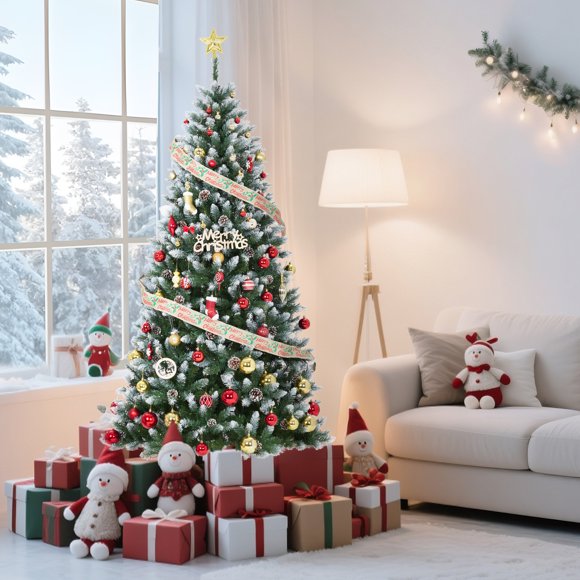 Snow Flocked Pre-lit Christmas Tree, Full Artificial Xmas Tree with Warm White Lights for Winter Holiday Décor, Metal Base