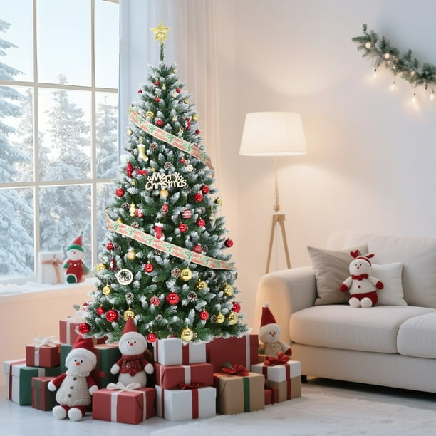 Árbol de Navidad Artificial de Abeto Lápiz Flocado de Nieve de 7,5 Pies con Piñas, Pino Navideño Preiluminado con 352 Puntas de Rama, 150 Luces LED, para Decoración Del Hogar, la Oficina y la Fiesta
