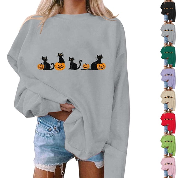 purcolt Black Cats on Pumpkin Sweatshirt Halloween Sweatshirts for Women Fall Pumpkin Face Tee Lightweight Pullover Tops