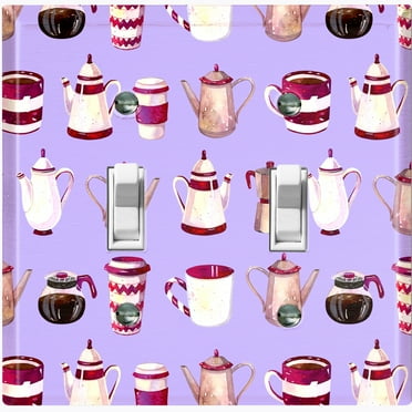 Metal Light Switch Wall Plate Outlet Cover (Coffee Mocha Espresso Tea Pot Kettle Maker Festive Cup Purple Pattern - Double Toggle)
