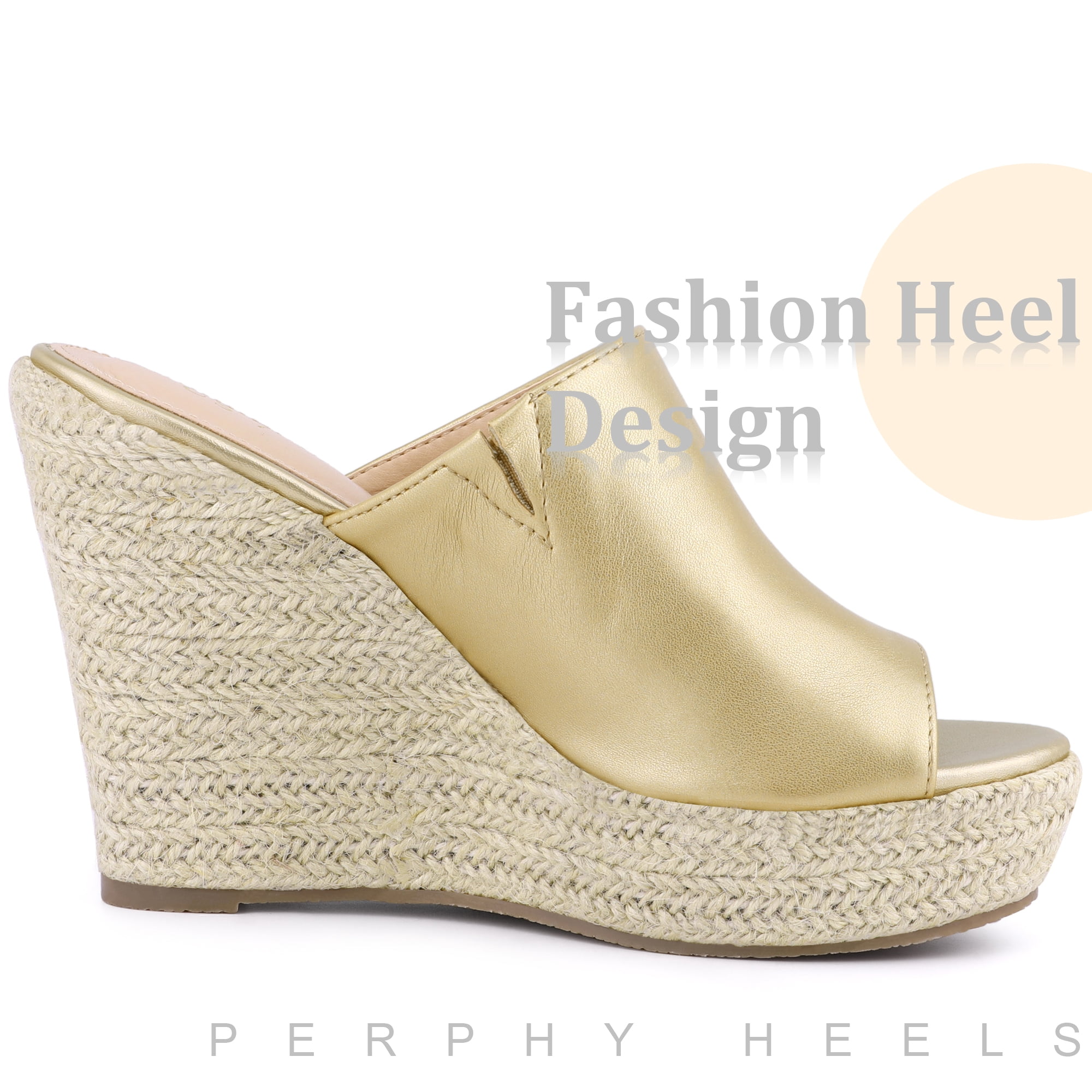 DARING DIVA Women's Open Toe Espadrille Wedge Heel Platform Slide Sandal Gold 9