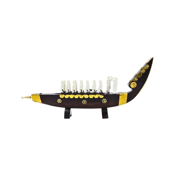 Palliyodam Snake Boat Replica with 16 Rowers, 17 cm - Brass Accents Decor, Brown Finish