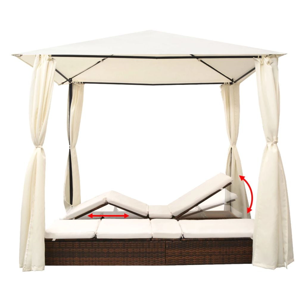 Kepooman Patio Rattan Double Sun Lounger Set with Curtains for Beach Garden, Brown Kepooman Patio Rattan Double Sun Lounger Set with Curtains for Beach Garden, Brown