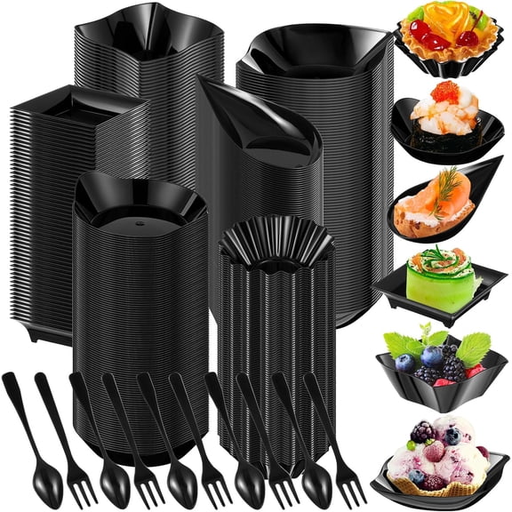 Mini Appetizer Plates Set with Disposable Dessert Cups Spoons and Forks in 6 Shapes Black 1200 Piece