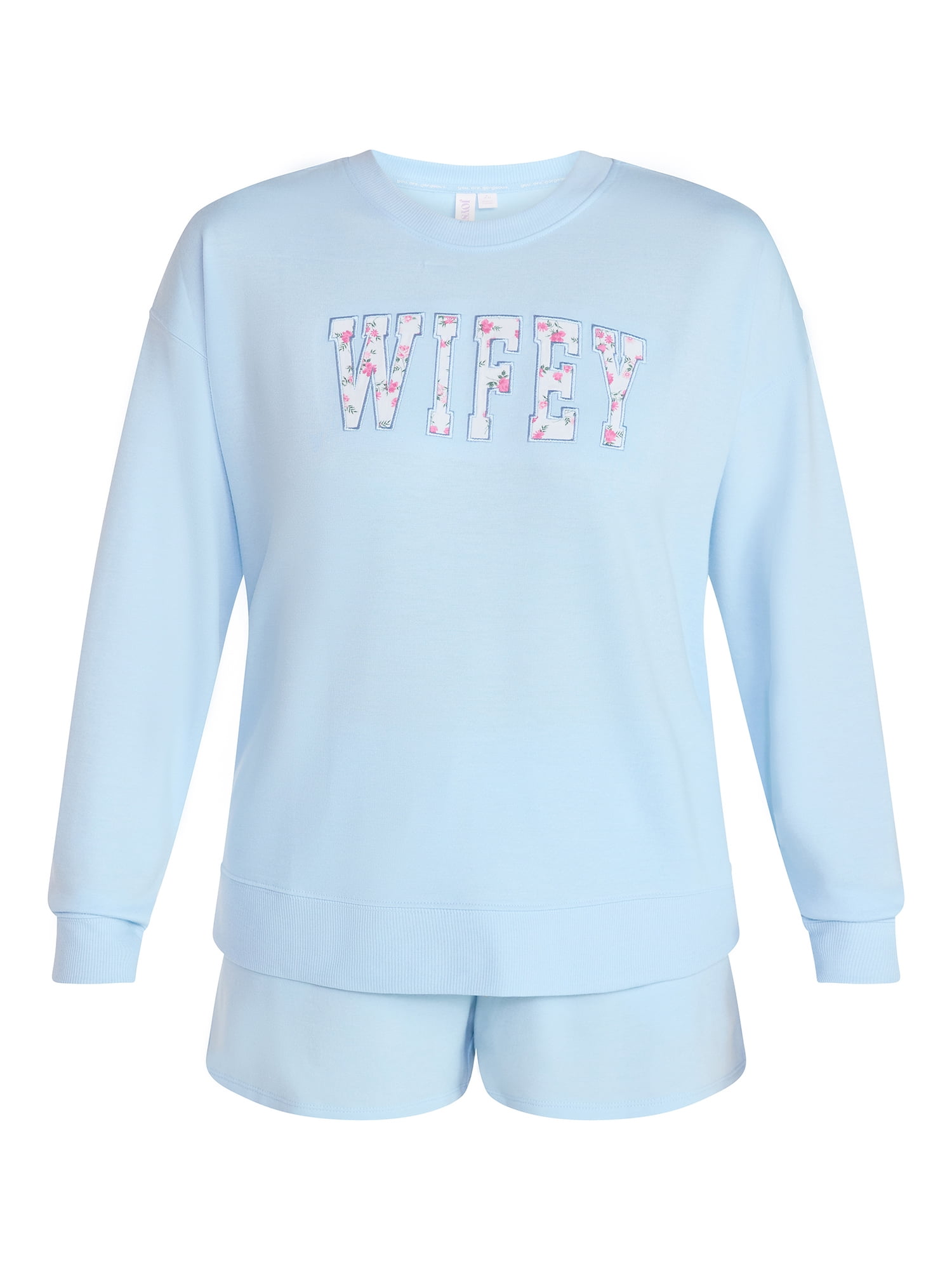 Joyspun Women's Bridal French Terry Knit Long Sleeve Top and Shorts Pajamas Set, Sizes XS-3X