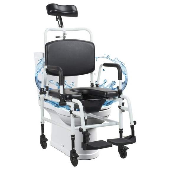 Eonox Shower Commode Chair with Wheels, Adjustable Backrest (90-140°) Bedside Toilet Chair for Elderly & Disabled, 150kg Capacity, with Headrest & Bucket, 4 Wheel Brakes ﻿ ﻿