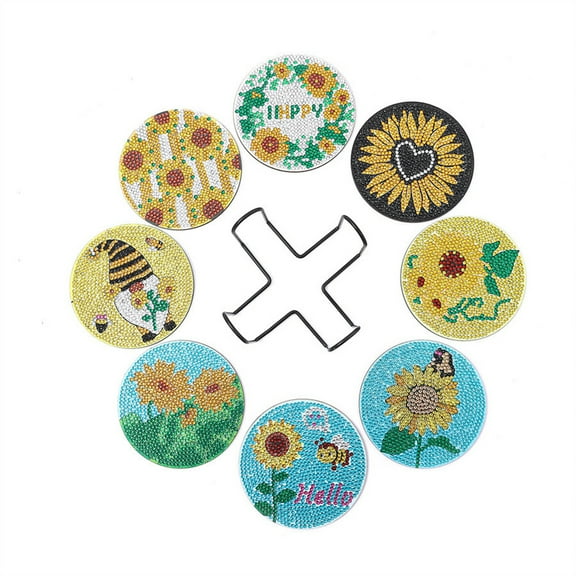 8pcs 5D Diamond Painting Coaster Kit DIY Diamond Art Coaster with Bracket Anti slip Coaster Most Suitable for Beginners, Children, and Adults Handmade Art Home Decoration(Sunflower )