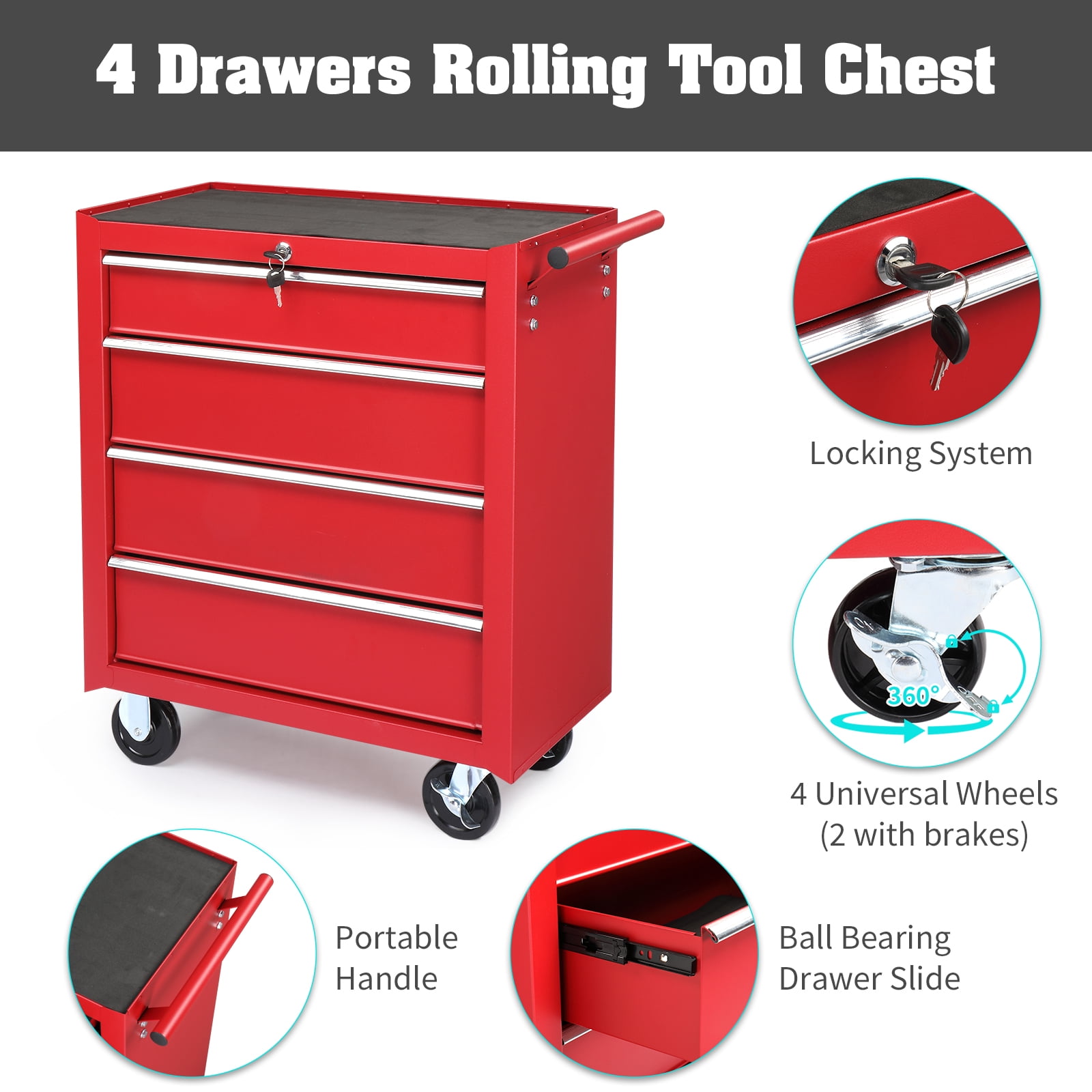 Ktaxon 4-Drawer Tool Chest Rolling Tool Cabinet with Wheels for Home Improvement, Auto Mechanics