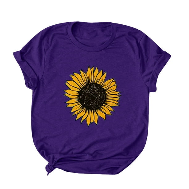 Gibobby Camisetas de verano para mujer Blusa manga corta con cuello redondo y estampado girasol talla grande para mujer(Morado,M)