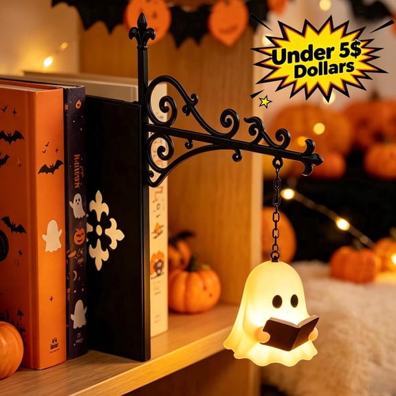9In Vintage Ghost Bookshelf Halloween Decor with Warm LED, Portable Shelf Night Light Bookworms, Literary Ghost Lamp for Cozy Reading Corners