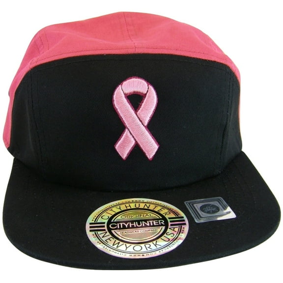Breast Cancer Awareness BCA 5-Panel Flat Brim Pink Ribbon Baseball Cap (Black/Hot Pink)
