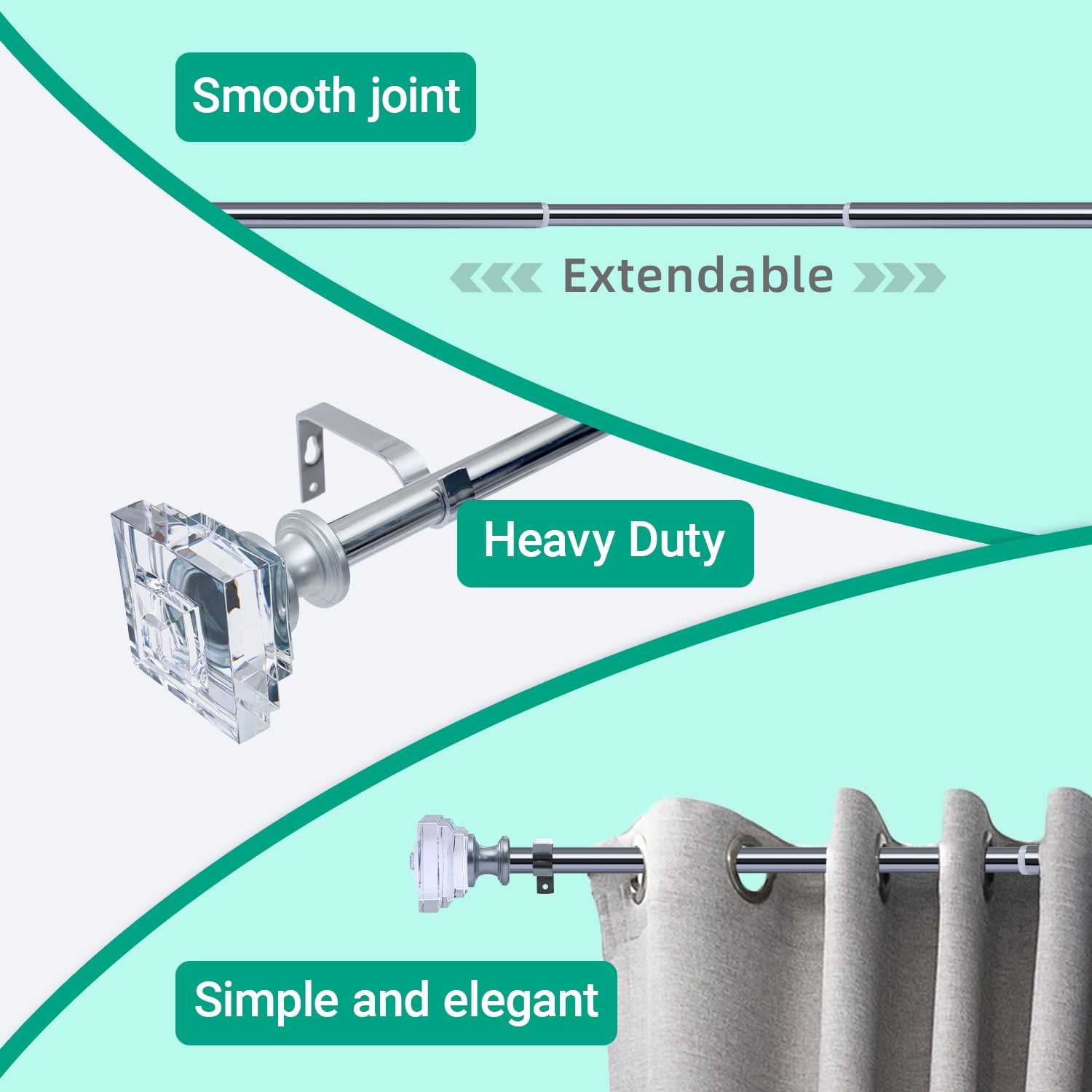 Curtain Rod Adjustable Window Drapery Rods with clear acrylic plexiglass square finials, 3piece brackets, hardware kits. Chrome 48-86 inches.